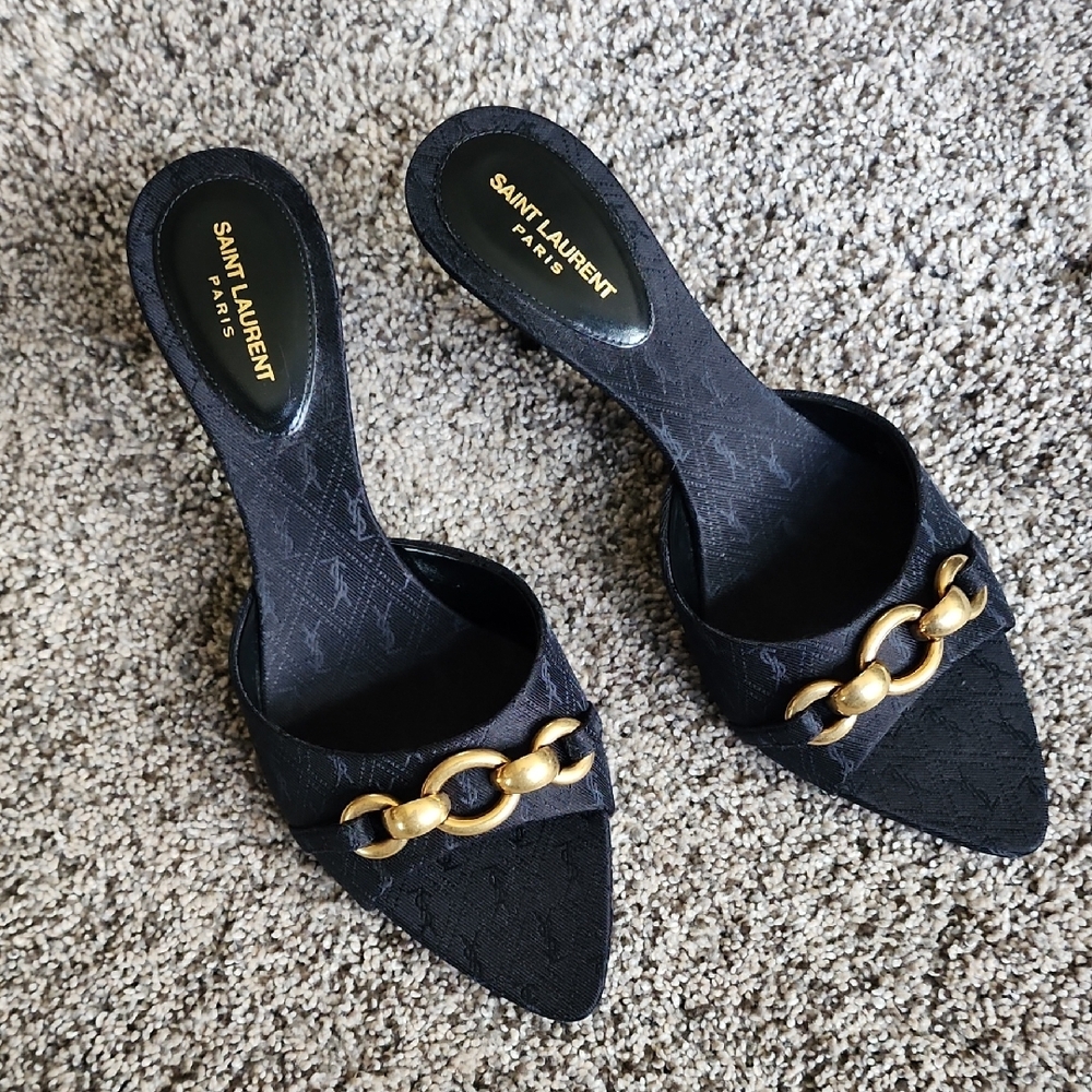Saint Laurent Black Mules with Gold Chain Detail